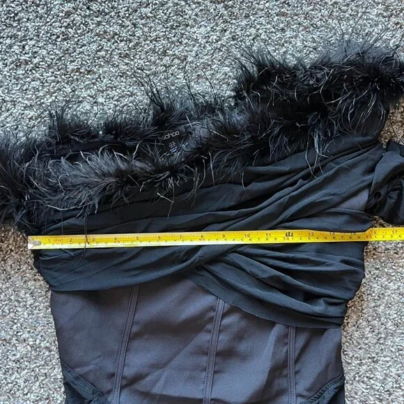 NWT Boohoo Black Feather Trim Off The Shoulder Body Suit Womens 12 Whimsigoth - Picture 7 of 8